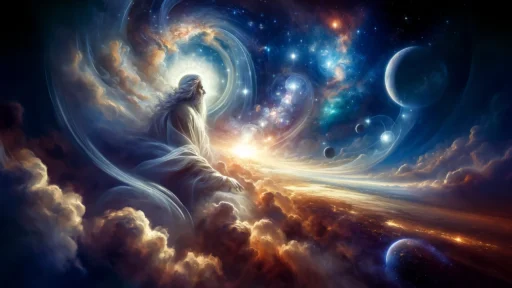 Artistic representation of God as a figure of love and charity, looking out over the expanding cosmos, symbolizing His ongoing activity in creation.