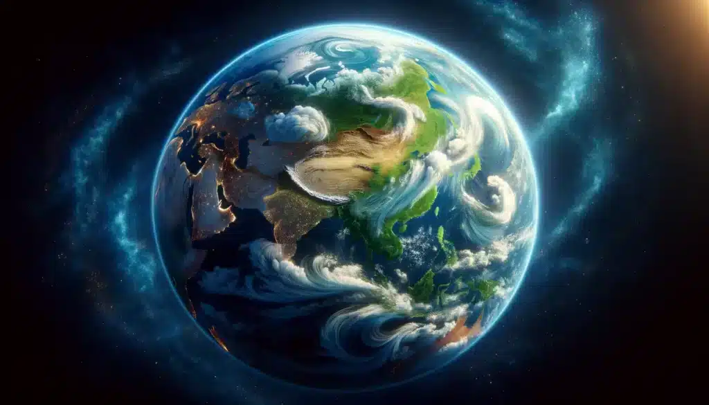 DALL·E 2024 04 21 14.23.57 Visualize Planet Earth in Pixar animation style depicted in a 16 9 aspect ratio. The image shows a vibrant and detailed view of Earth from space hig